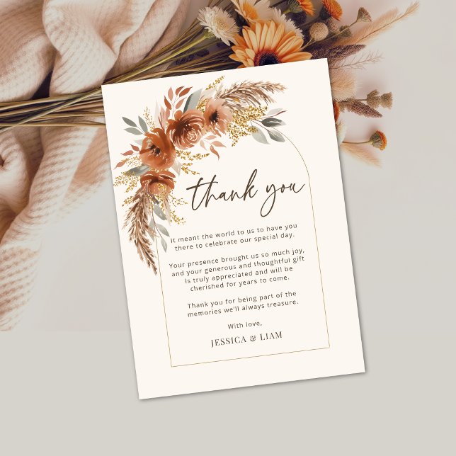 Terracotta Fall Boho Cartões de agradecimentos de  (Terracotta Fall Boho Floral Wedding Thank you Card)