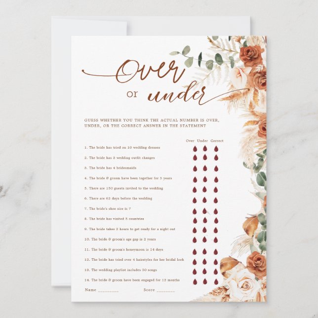 Terracotta Floral Over or Under Bridal Shower Game (Frente)
