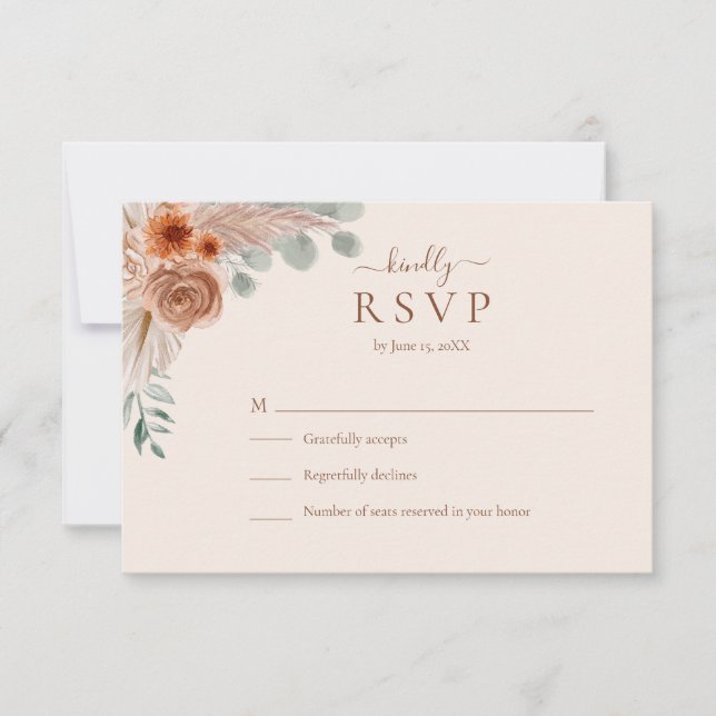 Terracotta Floral Pampas Grass Wedding RSVP Card (Frente)