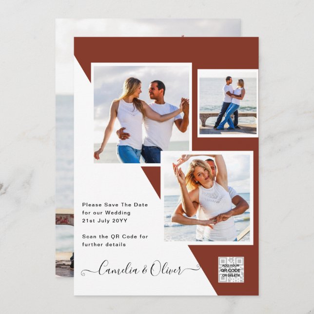 Terracotta FOTO CÓDIGO QR Convite de casamento Dat (Frente/Verso)