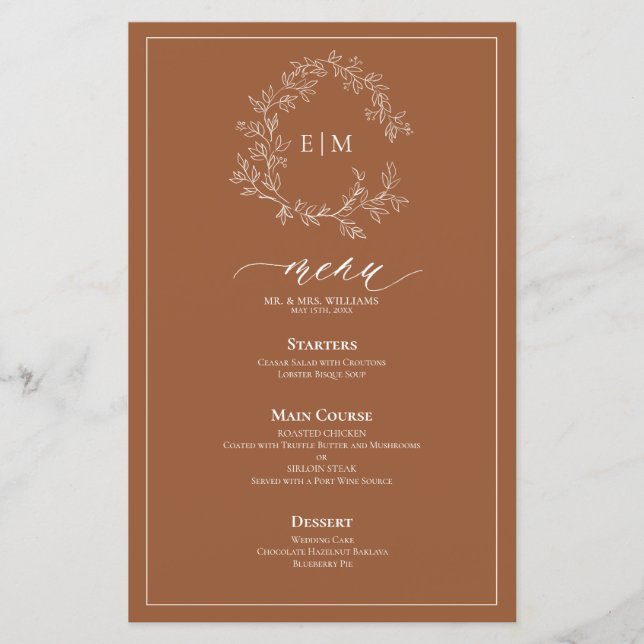 Terracotta Leafy Crest Monograma Menu Casamento (Frente)