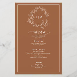 Terracotta Leafy Crest Monograma Menu Casamento