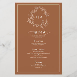 Terracotta Leafy Crest Monograma Menu Casamento