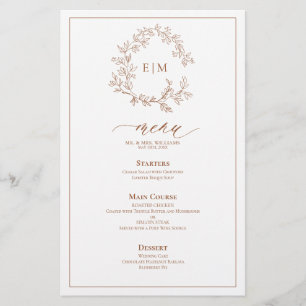 Terracotta Leafy Crest Monograma Menu Casamento