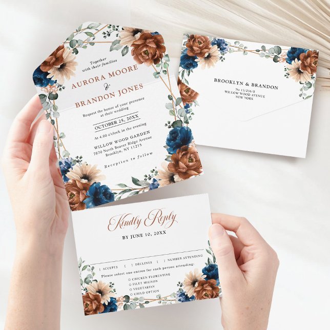 Terracotta Marinho Blue Greenery Casamento Geométr (Terracotta Navy Blue Greenery Geometric Wedding All In One Invitation)