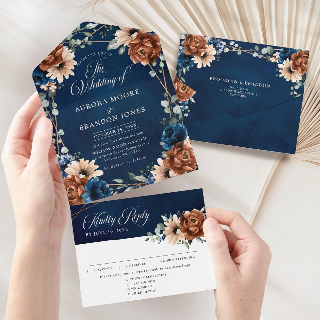 Terracotta Marinho Blue Greenery Casamento Geométr (Terracotta Navy Blue Greenery Geometric Wedding All In One Invitation)