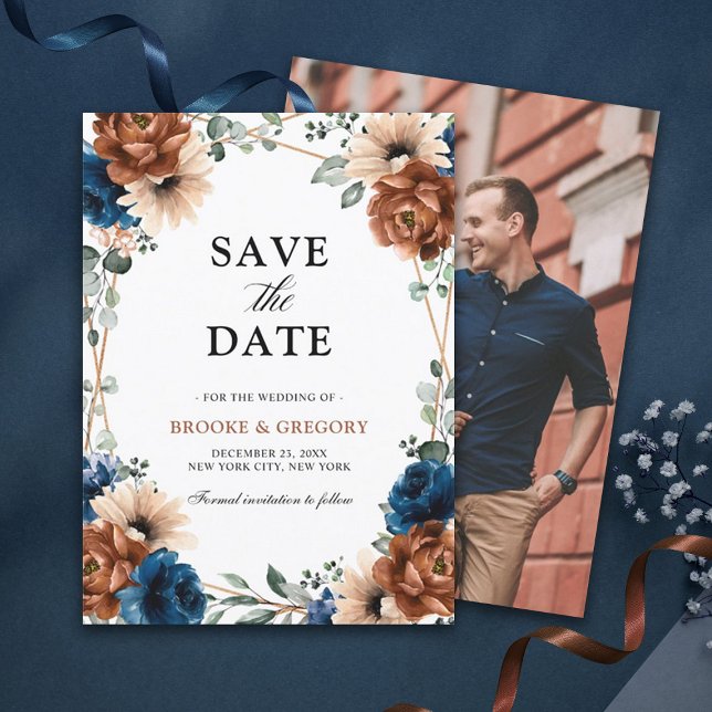 Terracotta Marinho Blue Greenery Salvar a data (terracotta navy blue photo save the date)
