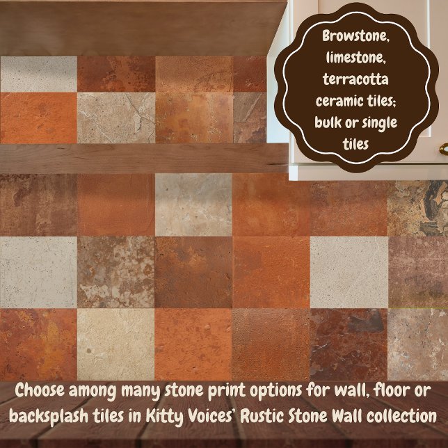 Terracotta red simple rustic  (Rustic stone brownstone, limestone, terracotta print ceramic tile wall, floor and backsplash decor)