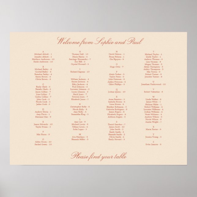 Terracotta Script Alphabetical Seating Poster (Frente)