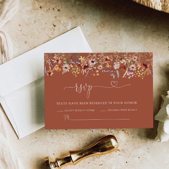 Terracotta Tiny Wildflower Weding RSVP Card (Criador carregado)