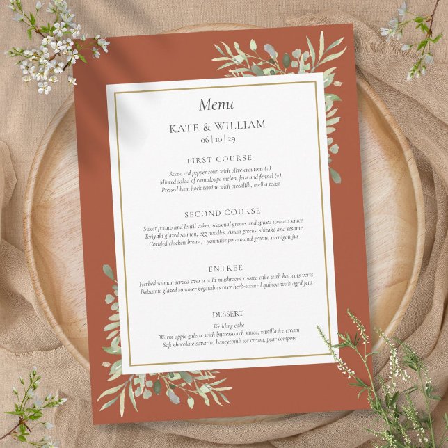 Terracotta Watercolor Menu Janto Casamento Verde (Terracotta Watercolor Greenery Wedding Dinner Menu)