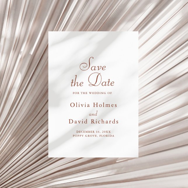 Terracotta White Minimalist Salve o cartão de data (Terracotta White Minimalist Save the Date Card on a sunny white dry palm leaf.)