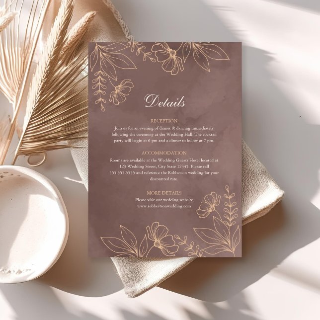 Terracotta Wildflower Blossom - Cartão Detalhado d (Terracotta Wildflower Blossom Wedding Details Card on a sunny boho table.)