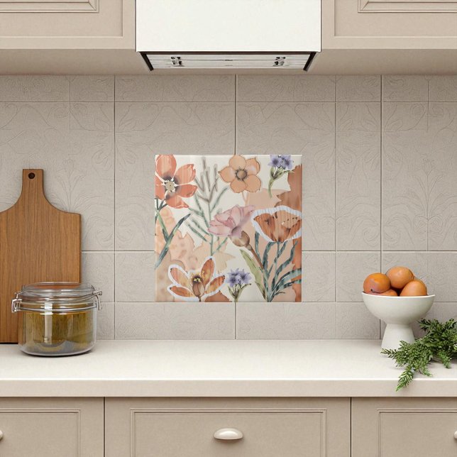 Terracotta Wildflower Rustic Boho Wall Acentos (Terracotta Wildflower Rustic Boho Wall Accent Ceramic Tile)