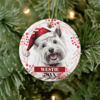 Terrier Westie com chapéu de Papai Noel enfeite de