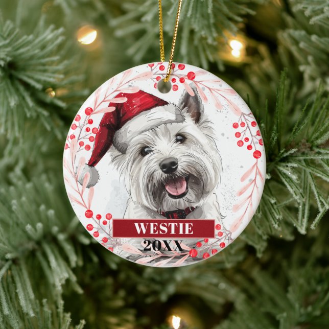 Terrier Westie com chapéu de Papai Noel enfeite de (Árvore)