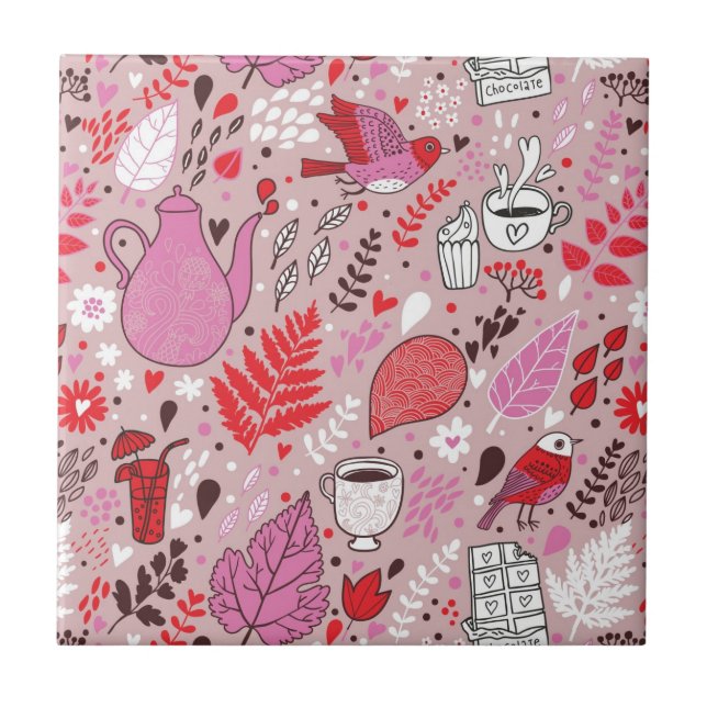 Teste padrão saboroso com pássaros e flores (Frente)