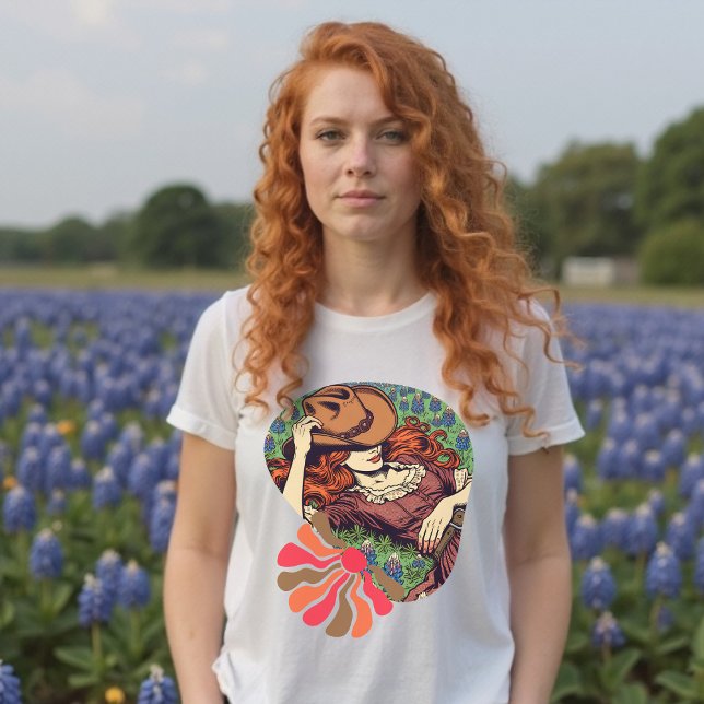 Texas Bluebonnets Vintage Cabeça Vermelha Camisa (Texas Bluebonnets Vintage Redhead Cowgirl Shirt)