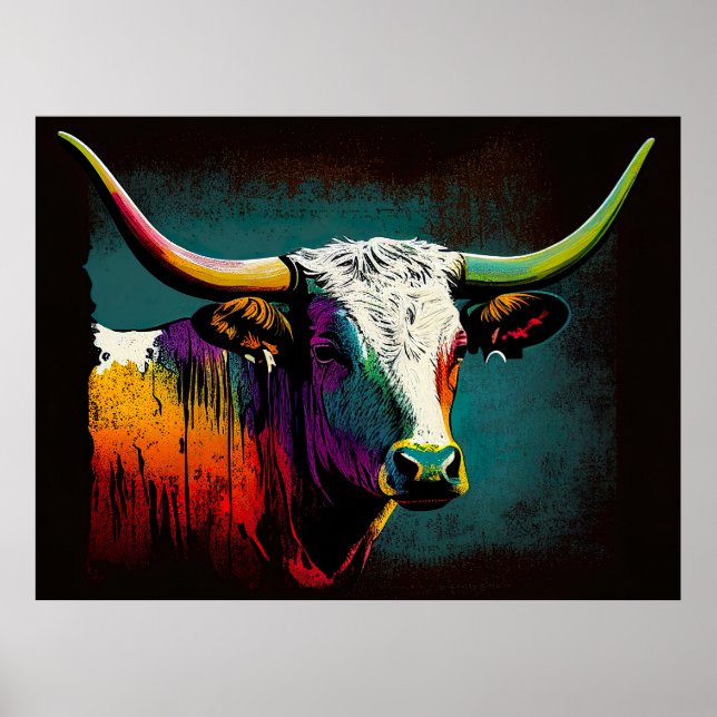 Texas Longhorn Cow Pop Art Impressão (Frente)