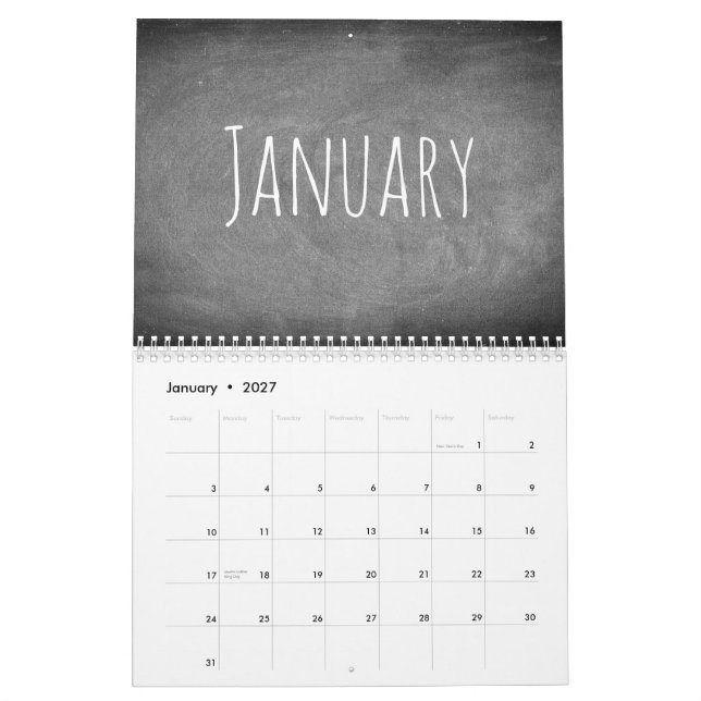 Texto 2017 preto e branco do calendário do quadro (Jan 2027)