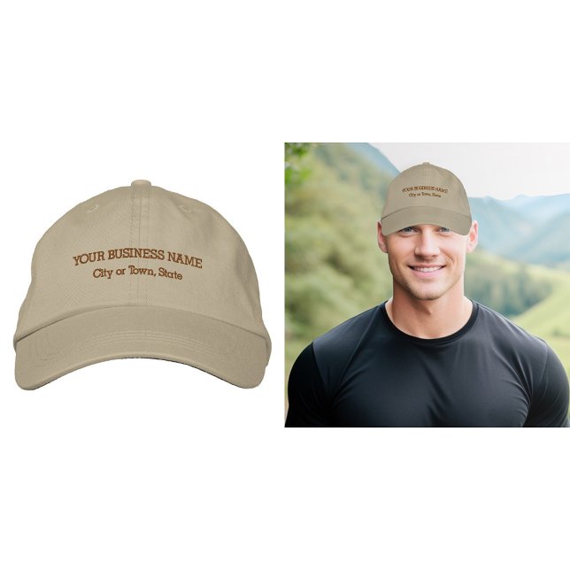 Texto comercial bordado no Boné Khaki (Business name and location embroidered on khaki cap)