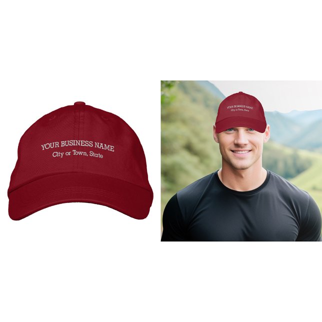 Texto comercial bordado no Boné vermelho (Business name and location embroidered on red cap)