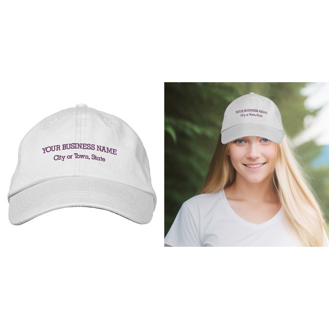 Texto comercial roxo bordado no Boné (Business name and location embroidered on cap in purple thread)
