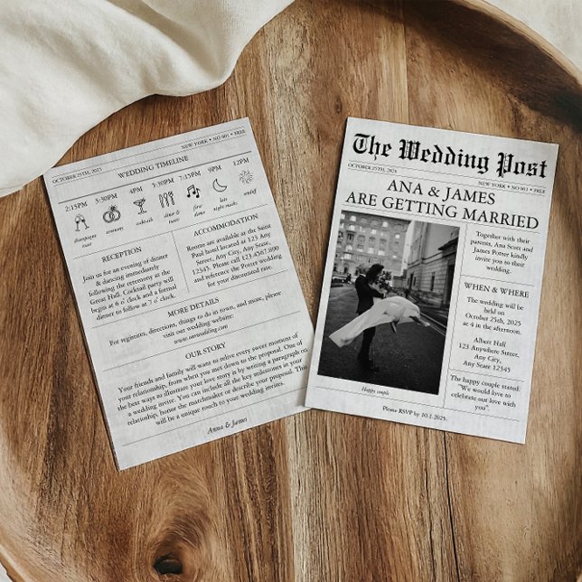 Texto do Convite para Casamento de Jornais Cronogr (Newspaper Wedding Invitation with Timeline)