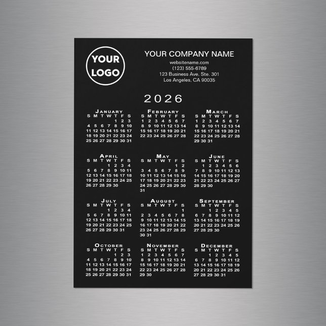 Texto do Logotipo Comercial do Calendário 2026 Tex (2026 Calendar Business Logo Text Black Magnet Card, in situ)