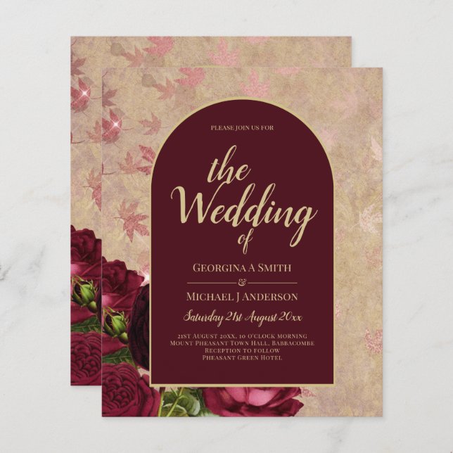 Texto Dourado de Casamento de Rosas vermelhas Botâ (Frente/Verso)