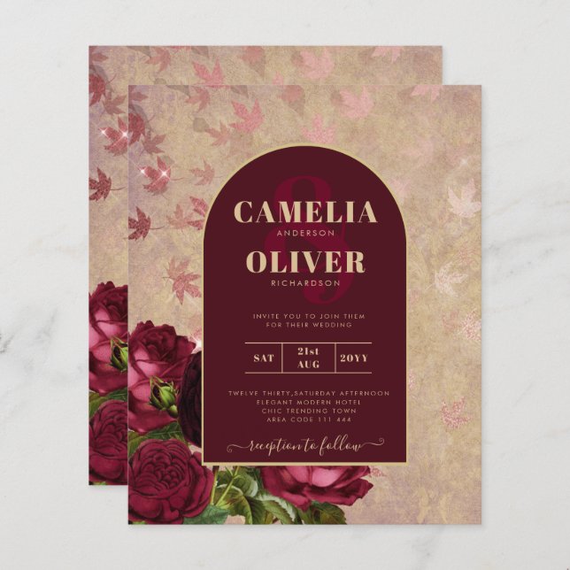 Texto Dourado de Casamento de Rosas vermelhas Botâ (Frente/Verso)