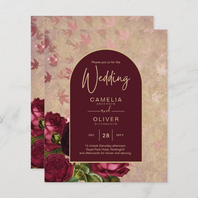 Texto Dourado de Casamento de Rosas vermelhas Botâ (Frente/Verso)