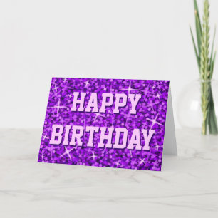 Texto frontal do cartão "Parabéns Feliz" em roxo G