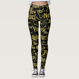 Texto novo e feliz do jato ouro em leggings pretas