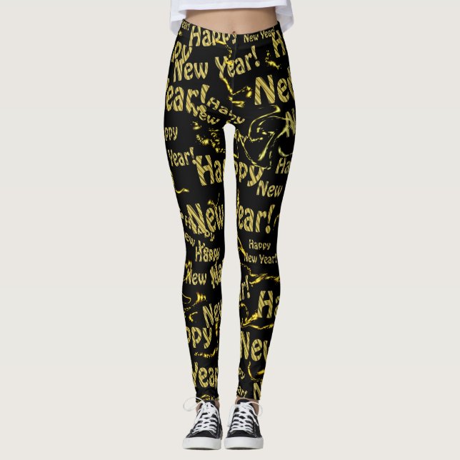 Texto novo e feliz do jato ouro em leggings pretas (Frente)