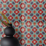 Textura Pedra Distinta Caleidoscópio Geométrico<br><div class="desc">Esse azulejo cerâmico apresenta um padrão geométrico de abstrato, que exalta um senso de equilíbrio e precisão. O design lembra o imaginário caleidoscópico, com formas simétricas que irradiam do centro em uma explosão harmoniosa de vermelho, azul, lacre e bege O fundo tem uma textura angustiada, dando ao azulejo um charme...</div>