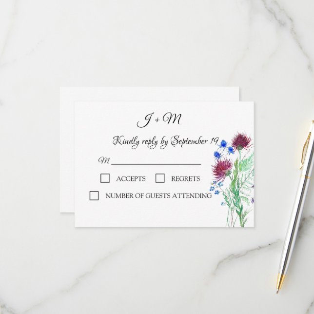 Thistle Floral Scottish Watercolor Weding RSVP (Frente/Verso In Situ)