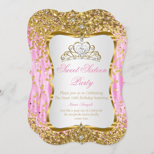 Tiara Princess Sweet 16 Dourado Convite Branco Ros (Frente/Verso)