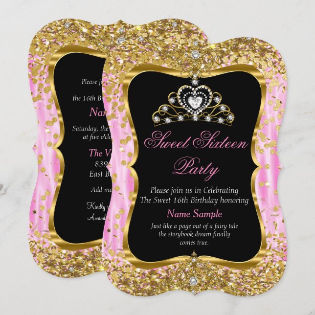 Tiara Princess Sweet 16 Dourado Convite Preto Rosa (Frente/Verso)