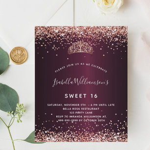 Tiarara de orçamento Sweet 16 rosa burgundy dourad