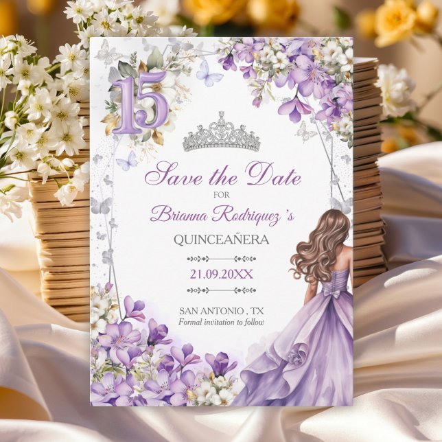 Tiaro de Flor de Borboleta Prata Lavanda Quinceañe (Criador carregado)