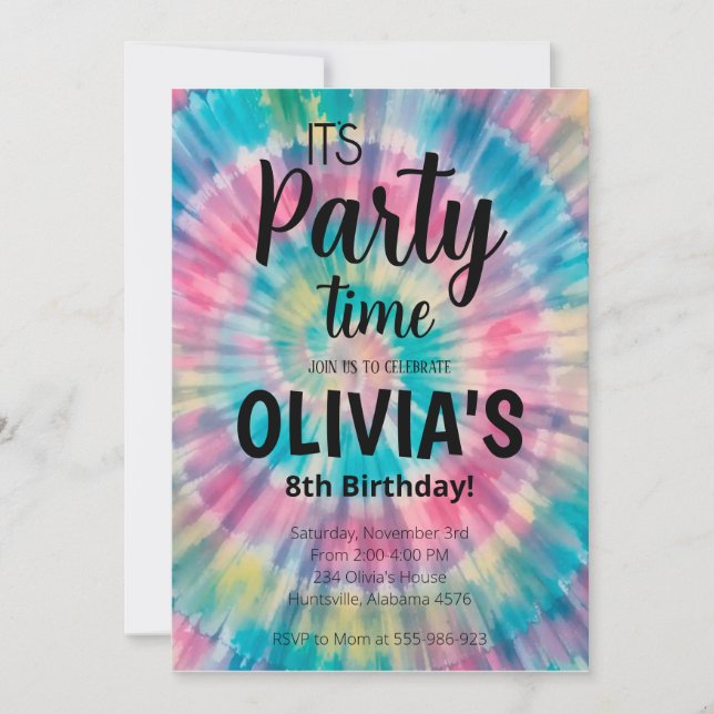 Tie Dye Birthday Convite Rainbow Tie Dye Birthd (Frente)