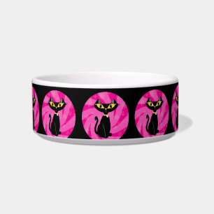 Tigela Alimente-me de gato preto em padrão rosa
