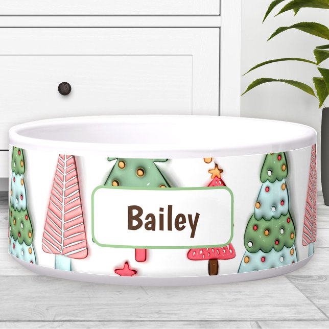 Tigela Árvore de Natal Gelado Nome Personalizado Cão Pet (Cute Pastel Christmas Tree Custom Name Dog Pet Bowl)