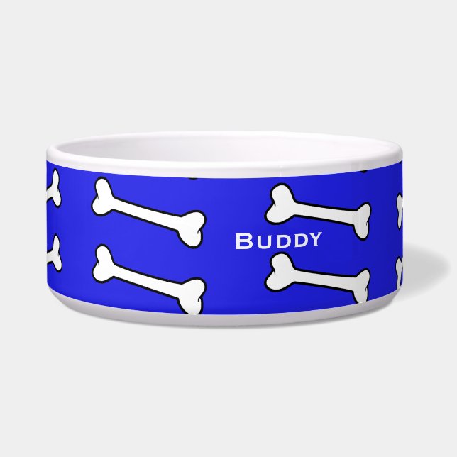 Tigela Azul com Ossos de Cartoon - Pet Bowl Personalizado (Frente)