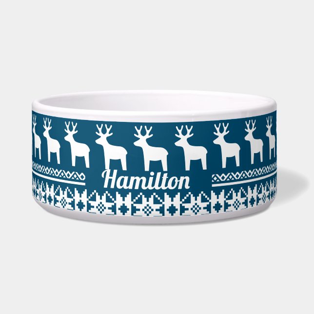 Tigela Bala de Neve Azul Reindeer Monograma Pet (Frente)