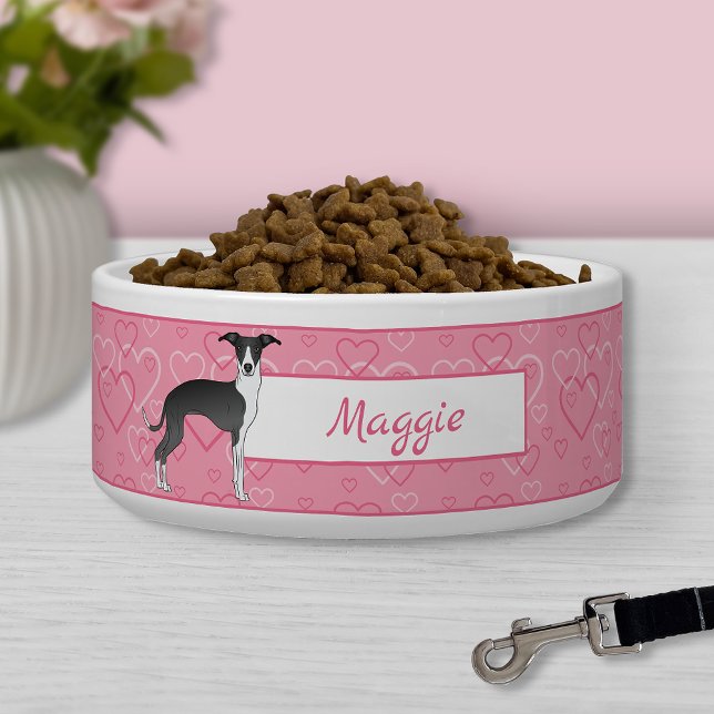 Tigela Black And White Italian Greyhound On Pink Hearts (Criador carregado)