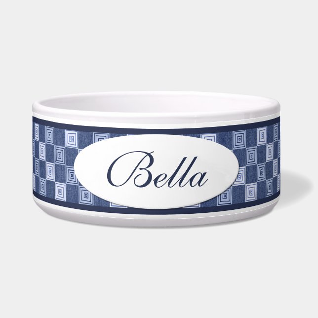 Tigela Blue Denim Squares Cerâmica Personalizada Bowl (Frente)