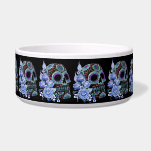 Tigela Blue Floral Black Sugar Skull Day Of The Dead