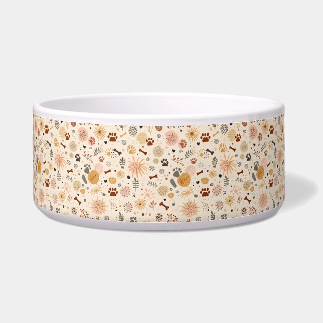 Tigela Boho Pet Food Bowl | Hand-Drawn Paw & Botanicals (Frente)